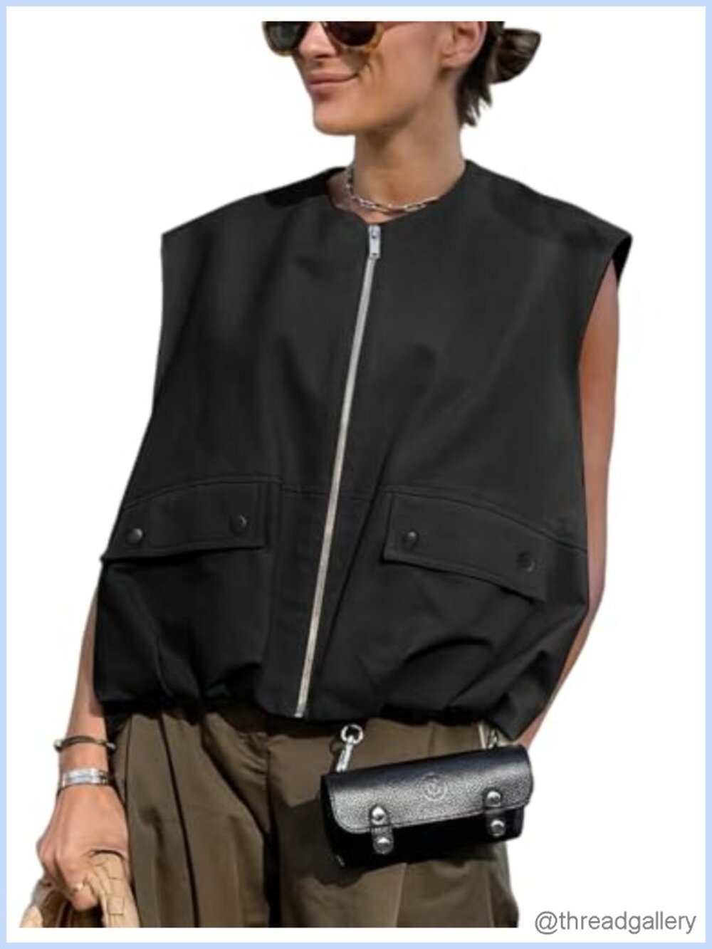 Womens Lightweight Zip Up Cargo Vest Sleeveless Ruched Hem Pockets